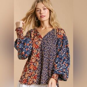 UMGEE Floral Smocked Multicolor Glitter Thread Casual Blouse L